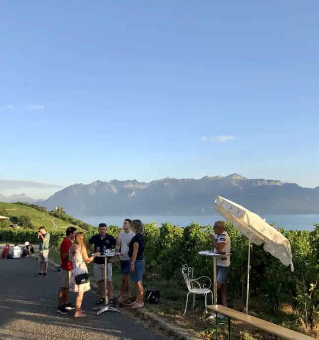Photo de la Journ&eacute;e des Ceps prise sur le chemin de la Golliesse, o&ugrave; l'on peut voir les propri&eacute;taires et leurs accompagnants d&eacute;guster un verre dans les vignes, avec une vue imprenable sur le lac L&eacute;man et les Alpes.