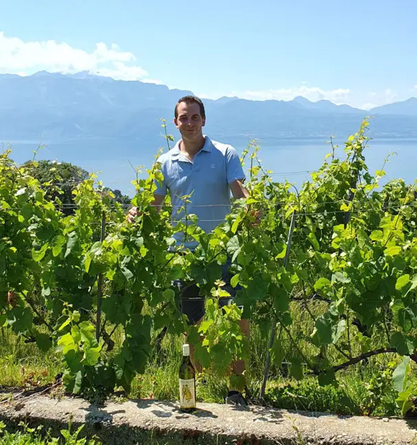 Christophe Chevalley dans ses vignes, avec le lac L&eacute;man et les Alpes en arri&egrave;re plan.